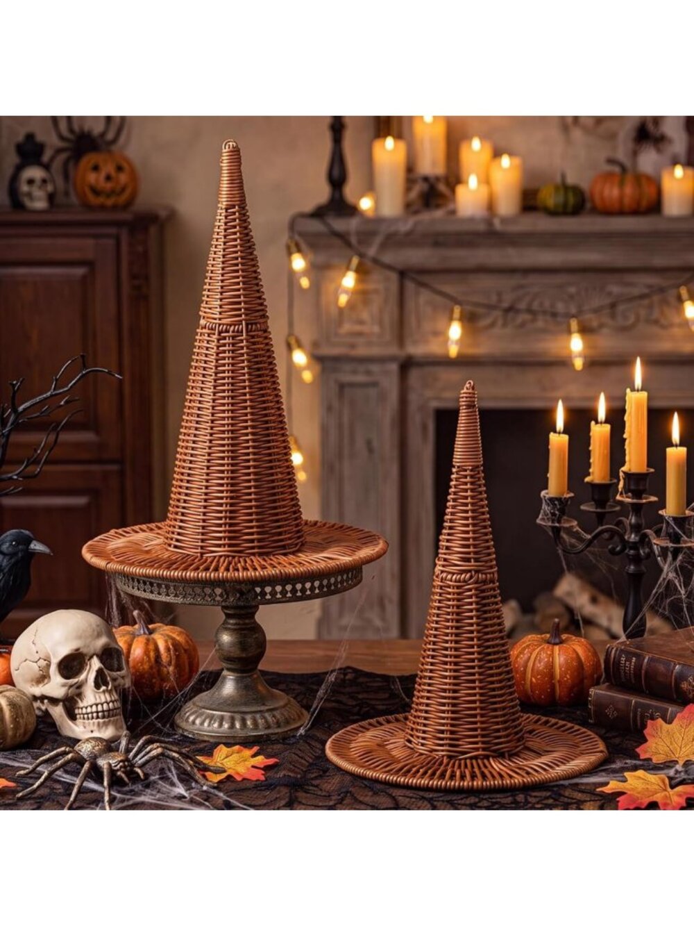 2 PCS Halloween Wicker Witch Hat Decor - Rustic Brown Home & Party Decor